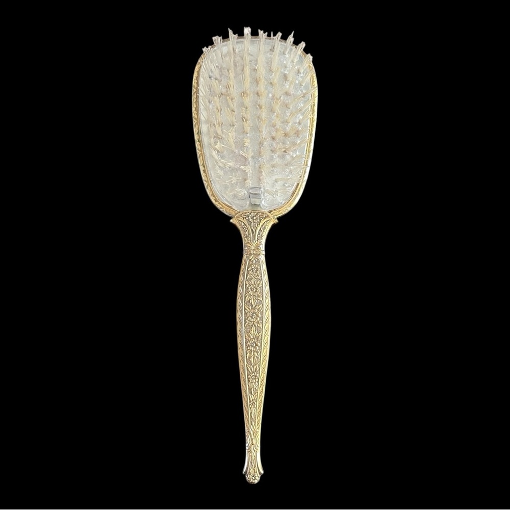 VTG MCM Hairbrush 10.5"  Gold Plated Floral Handle Removable Brush Vanity Decor
